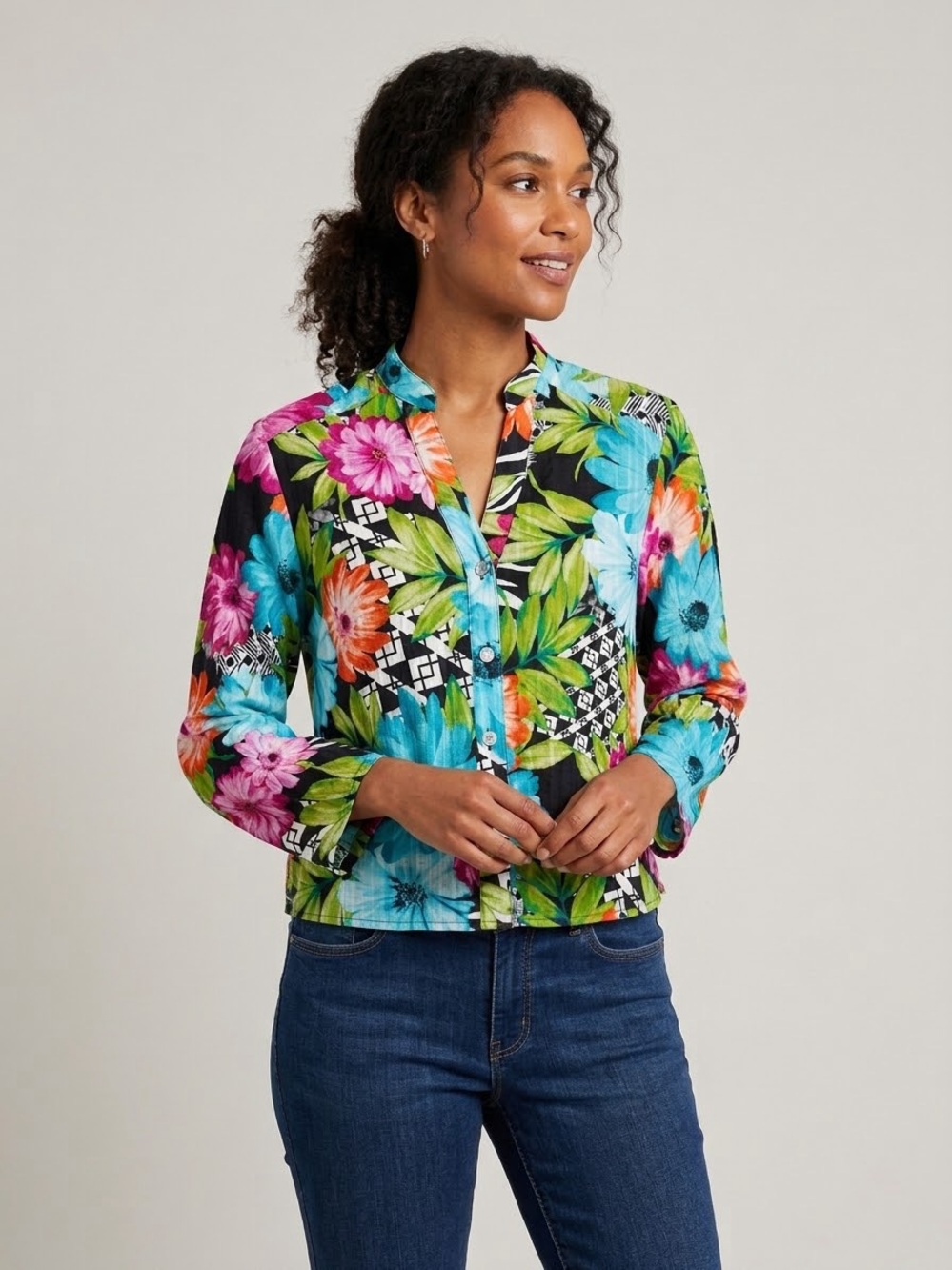 Alfred Dunner Floral Geometric Patchwork Split Neck Button Up Top 100% Cotton